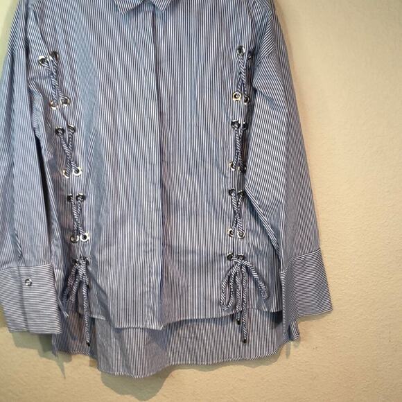 Topshop Striped Lace Up Poplin Button Down Shirt - Picture 6 of 12